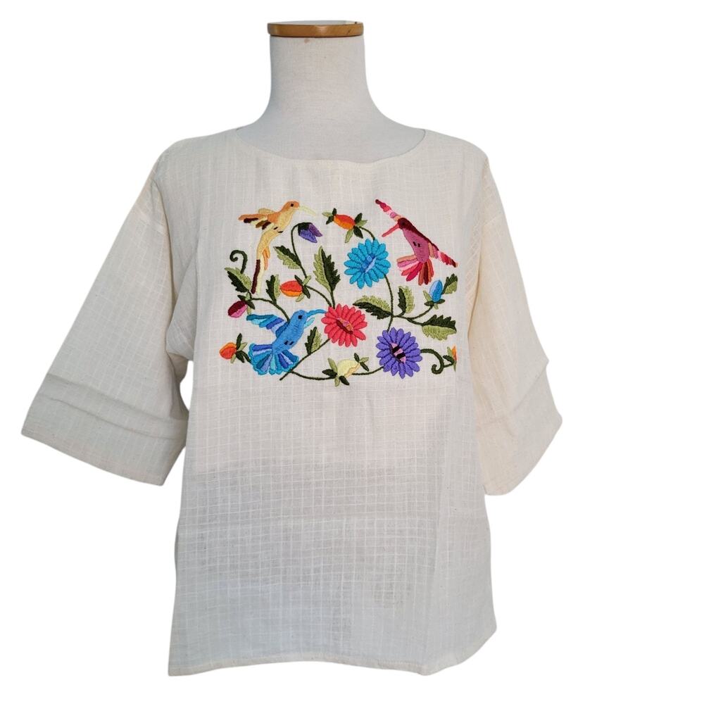 New Guatemalan Embroidered Folk Art Blouse Small Peasant Prairie Boho Cottage